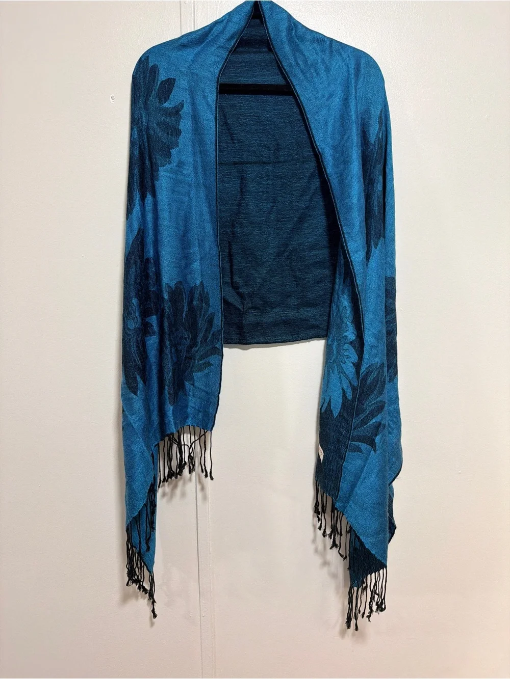 pashmina Teal Blue Jacquard Fringe Wrap